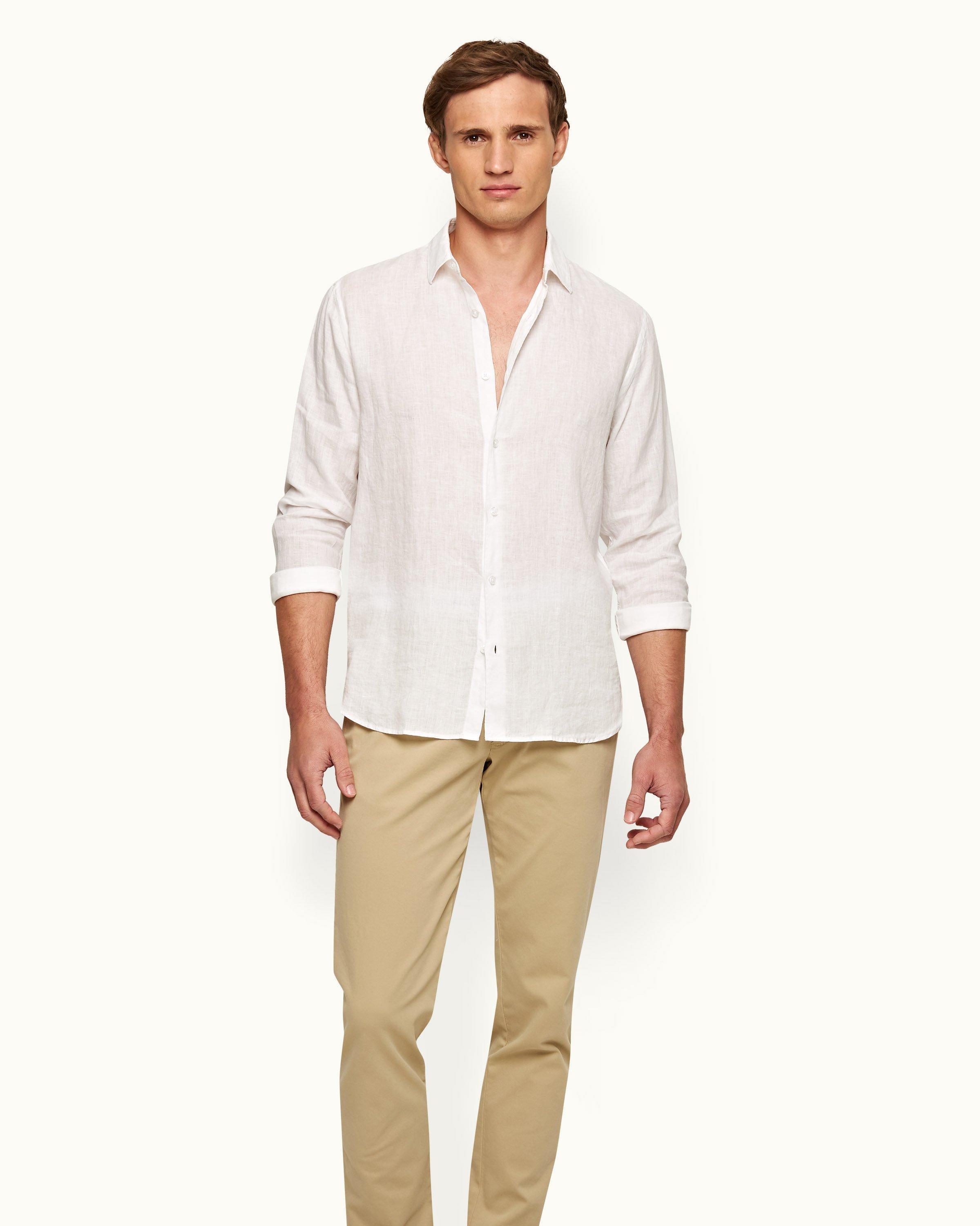 Giles Linen - Mens White Tailored-Fit Shirt Front Model View