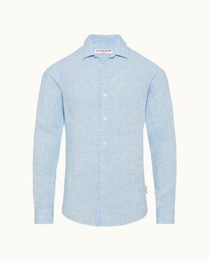 Giles Linen - Mens Pale Blue/White Classic Collar Tailored Fit Linen Shirt Front View
