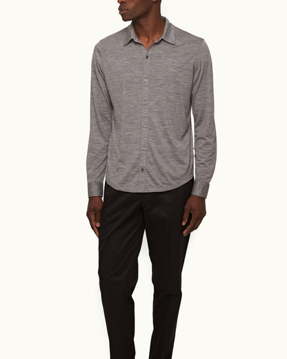 Giles Merino - Grey Melange Tailored Fit Classic Collar Merino Shirt Model Front