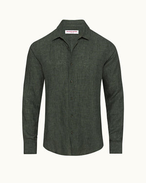 Giles Linen - Tailored Fit Classic Collar Linen Shirt Woven In Italy in Light Kombu colour Front