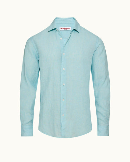 Giles - Tailored Fit Classic Collar Linen Shirt Woven In Italy in Light Sky Pool colour Front