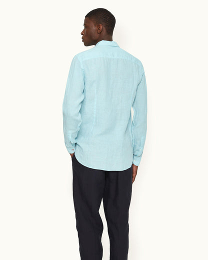 Giles - Tailored Fit Classic Collar Linen Shirt Woven In Italy in Light Sky Pool colour Model Back