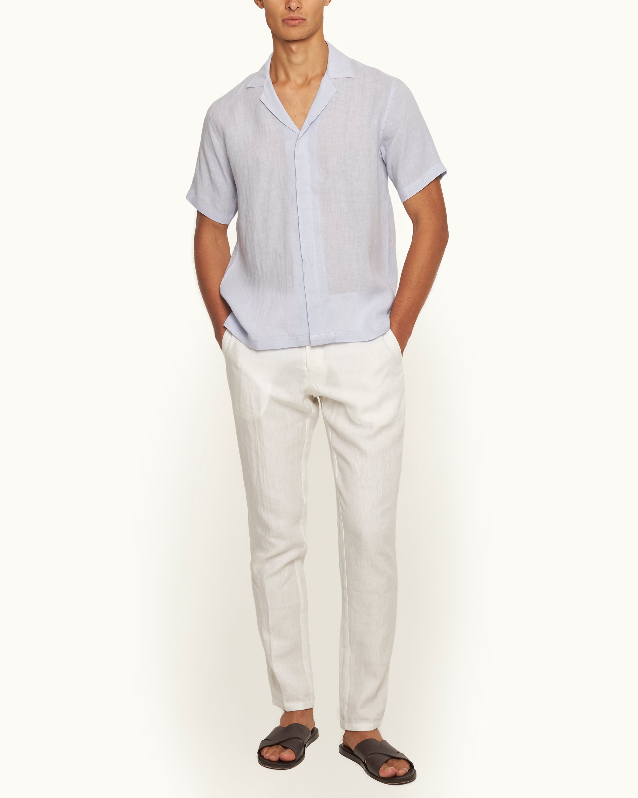Griffon Italian Linen - Tailored Fit Trousers in White Sand Model Front