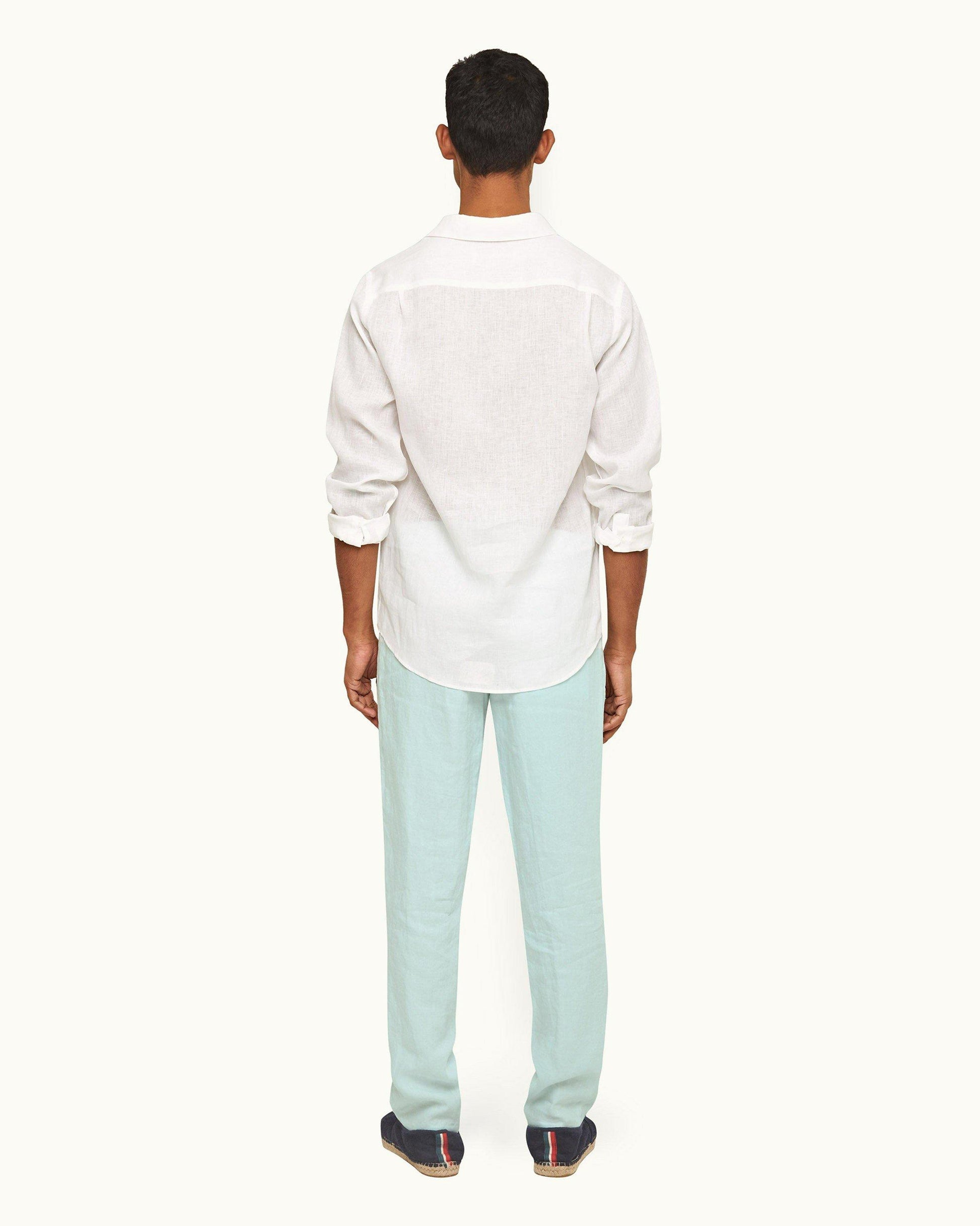 Griffon Linen - Mens Clear Sky Tailored Fit Washed Linen Trousers Back Model View