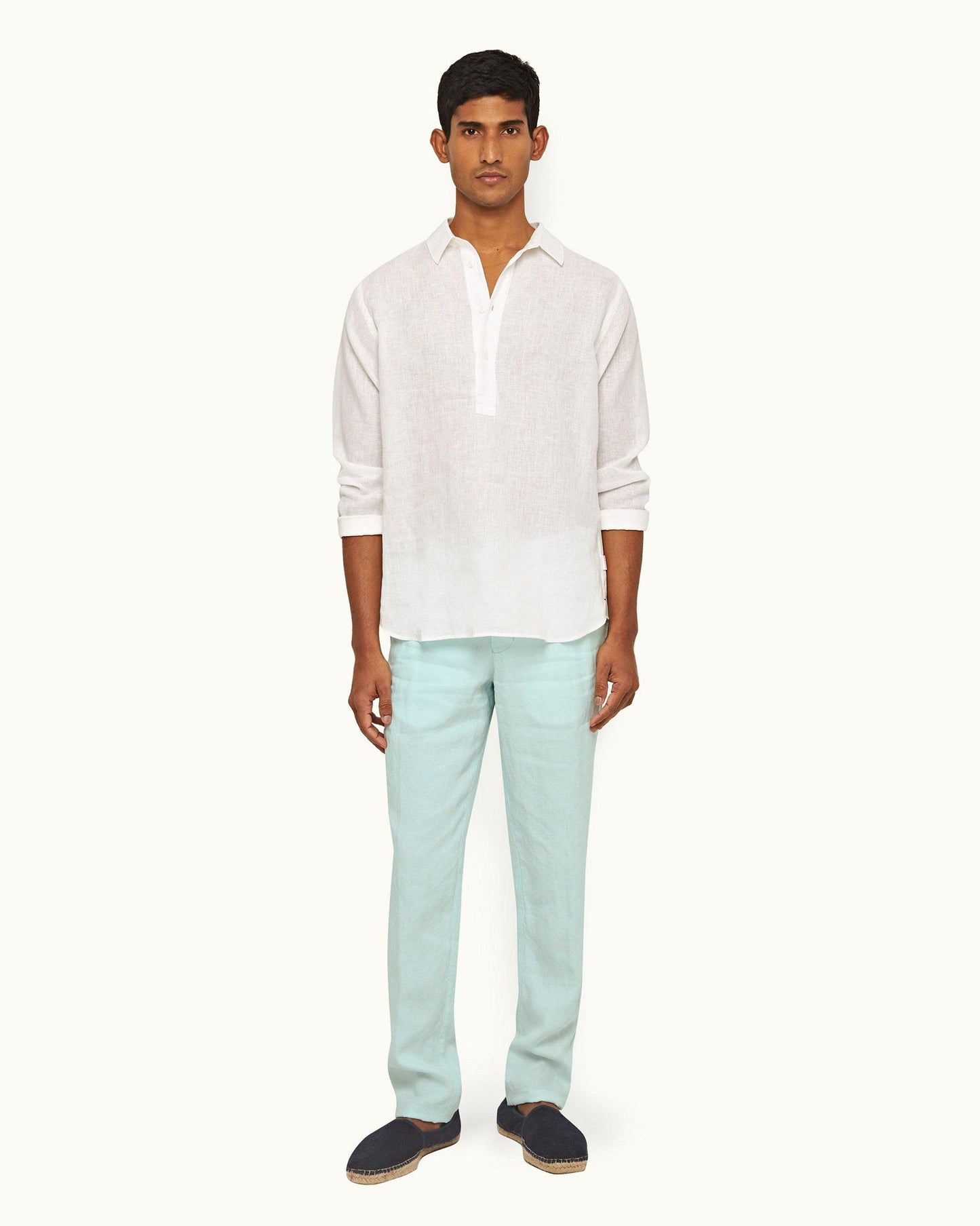 Griffon Linen - Mens Clear Sky Tailored Fit Washed Linen Trousers Front Model View