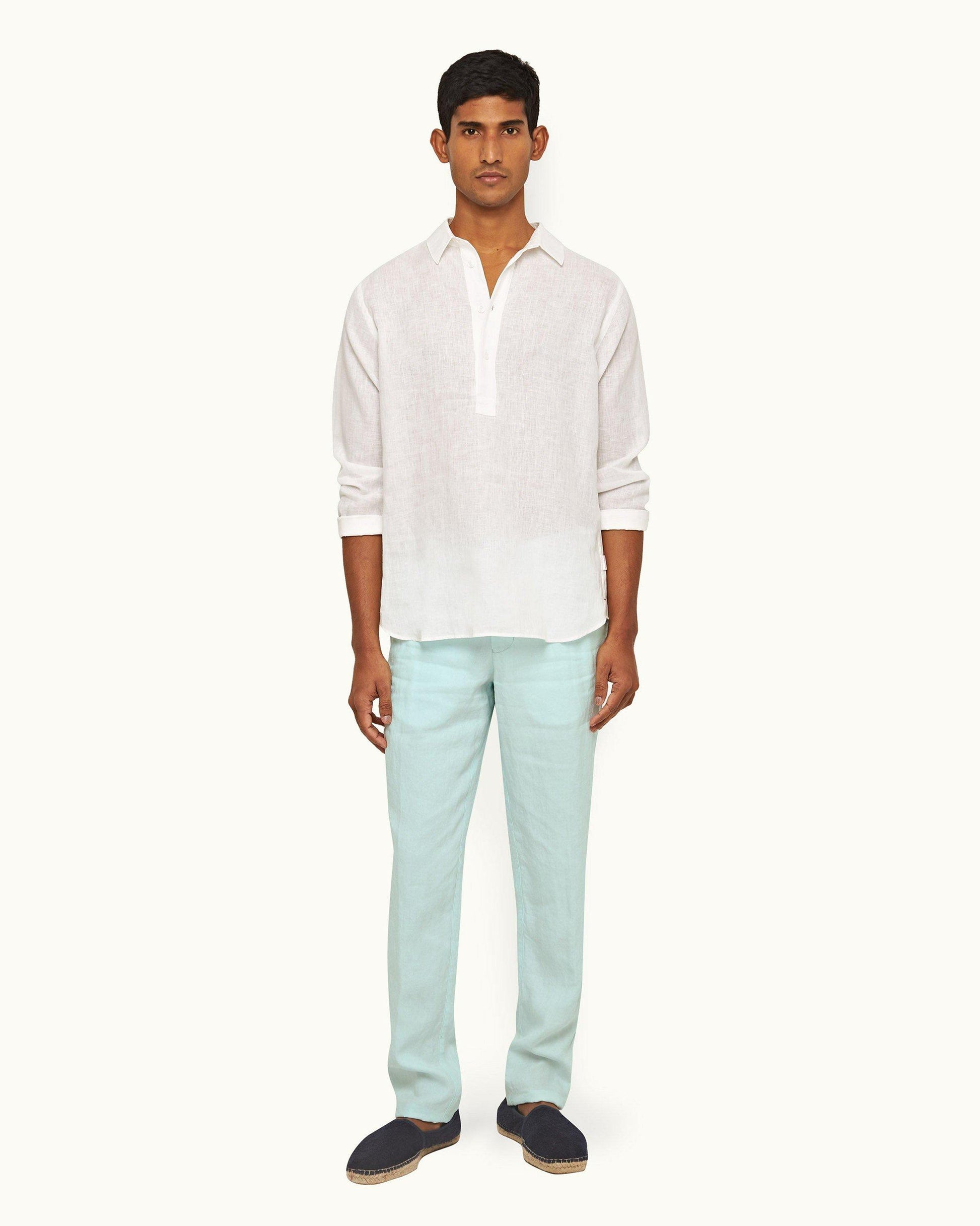 Griffon Linen - Mens Clear Sky Tailored Fit Washed Linen Trousers Front Model View