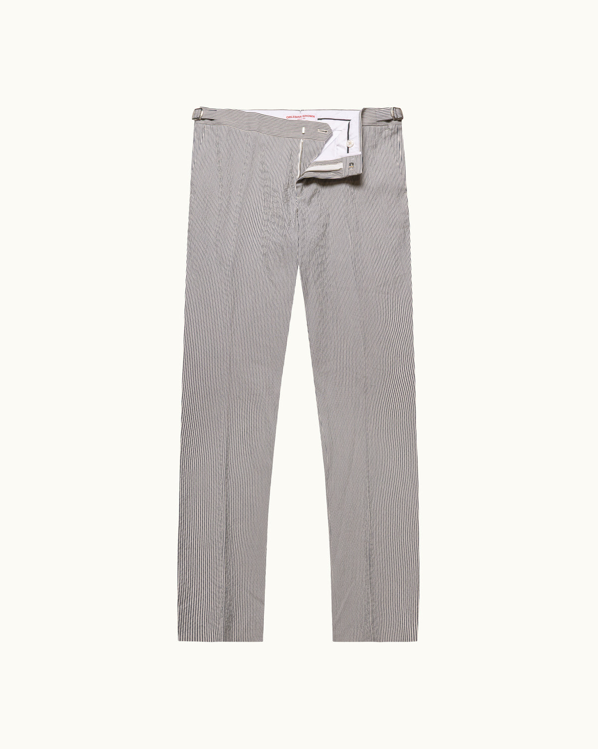 A pair of light gray textured trousers shown flat against a solid off-white background.