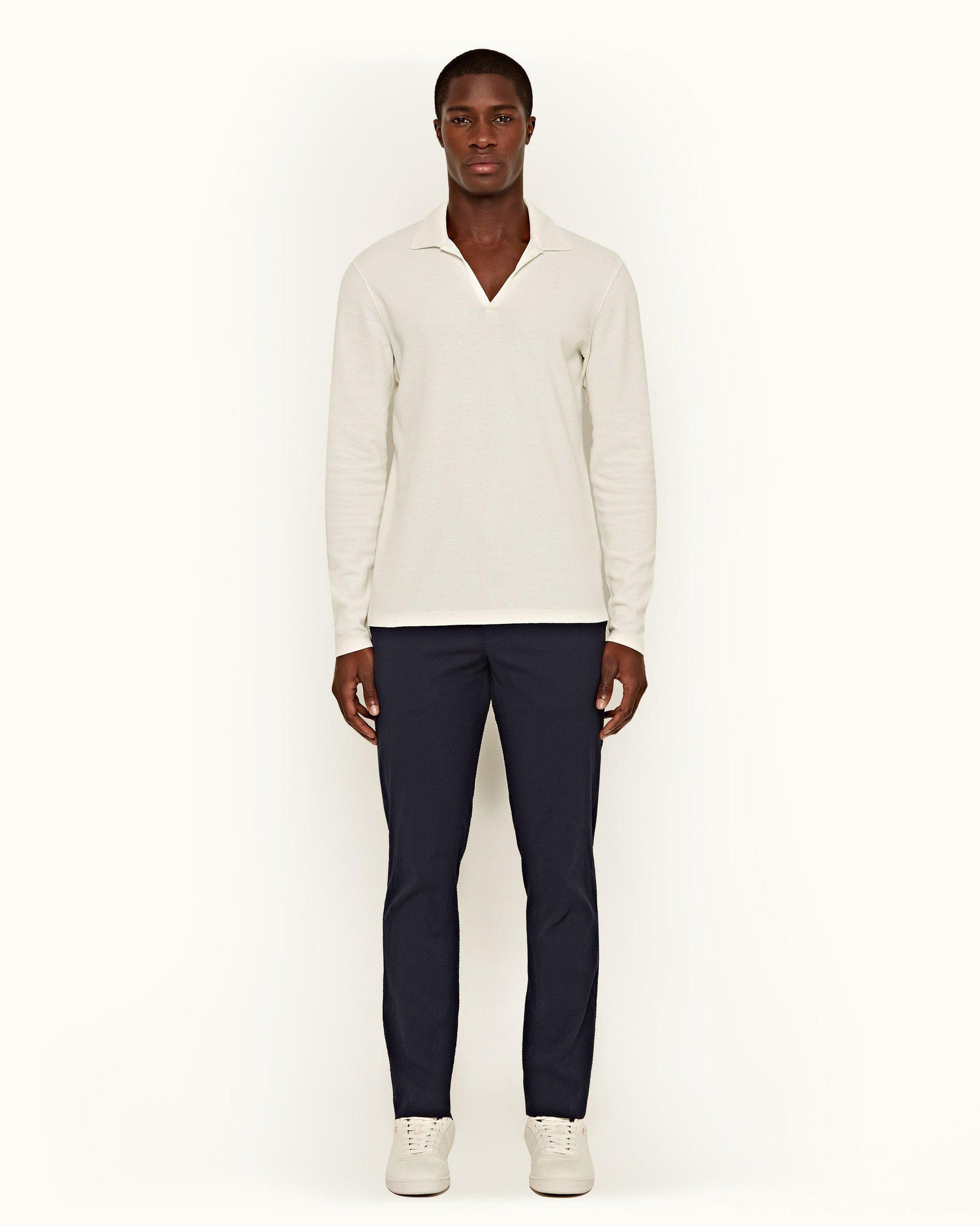 Griffon Seersucker - Mens Navy Tailored Fit Seersucker Trousers Front Model View