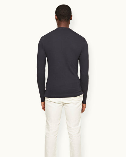 Harrison Cashmere - Mens Classic Fit Long-Sleeve Modal-Cashmere T-Shirt In Night Iris Blue Back Model View