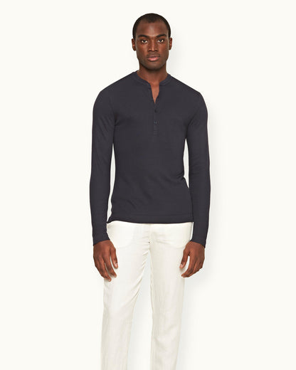 Harrison Cashmere - Mens Classic Fit Long-Sleeve Modal-Cashmere T-Shirt In Night Iris Blue Front Model View