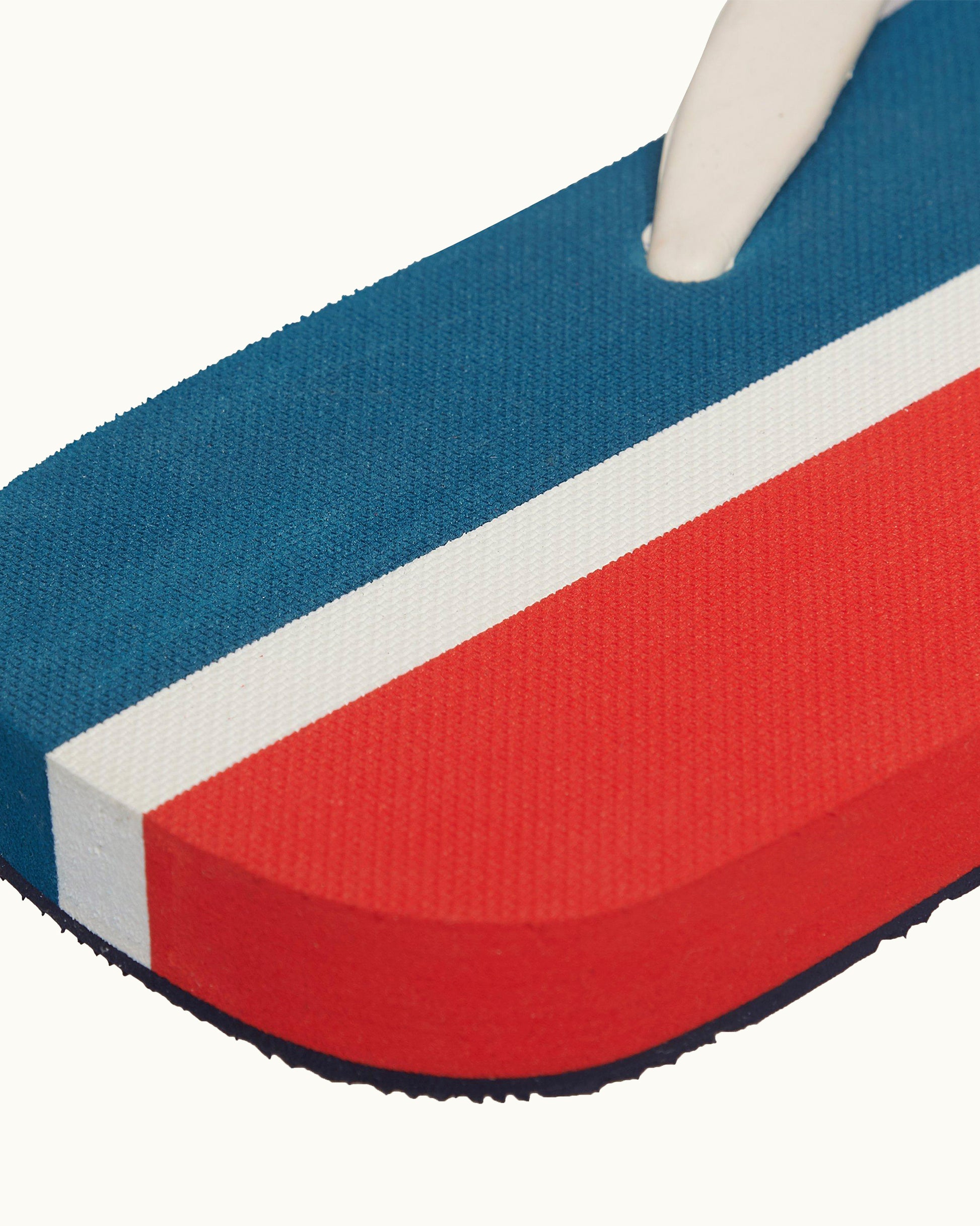 Close-up of a red, white, and blue striped object with a white handle.
