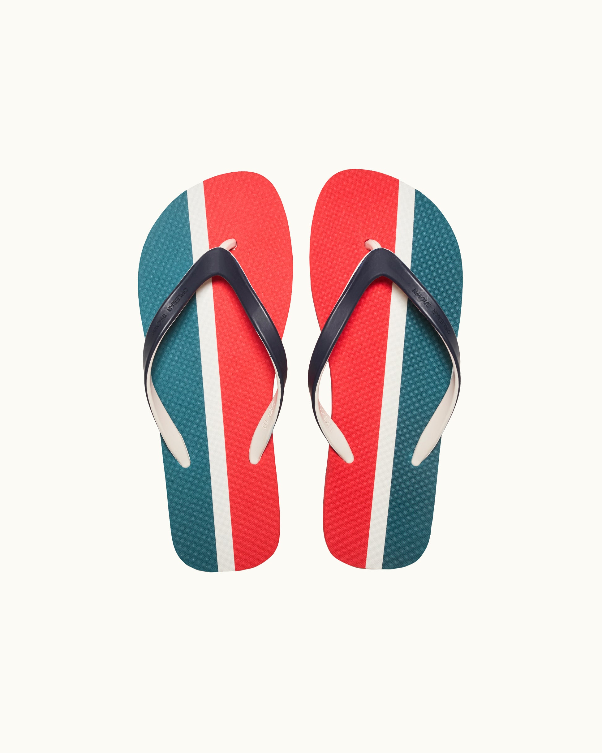 Pair of flip-flops with red, white, and blue stripes on a white background