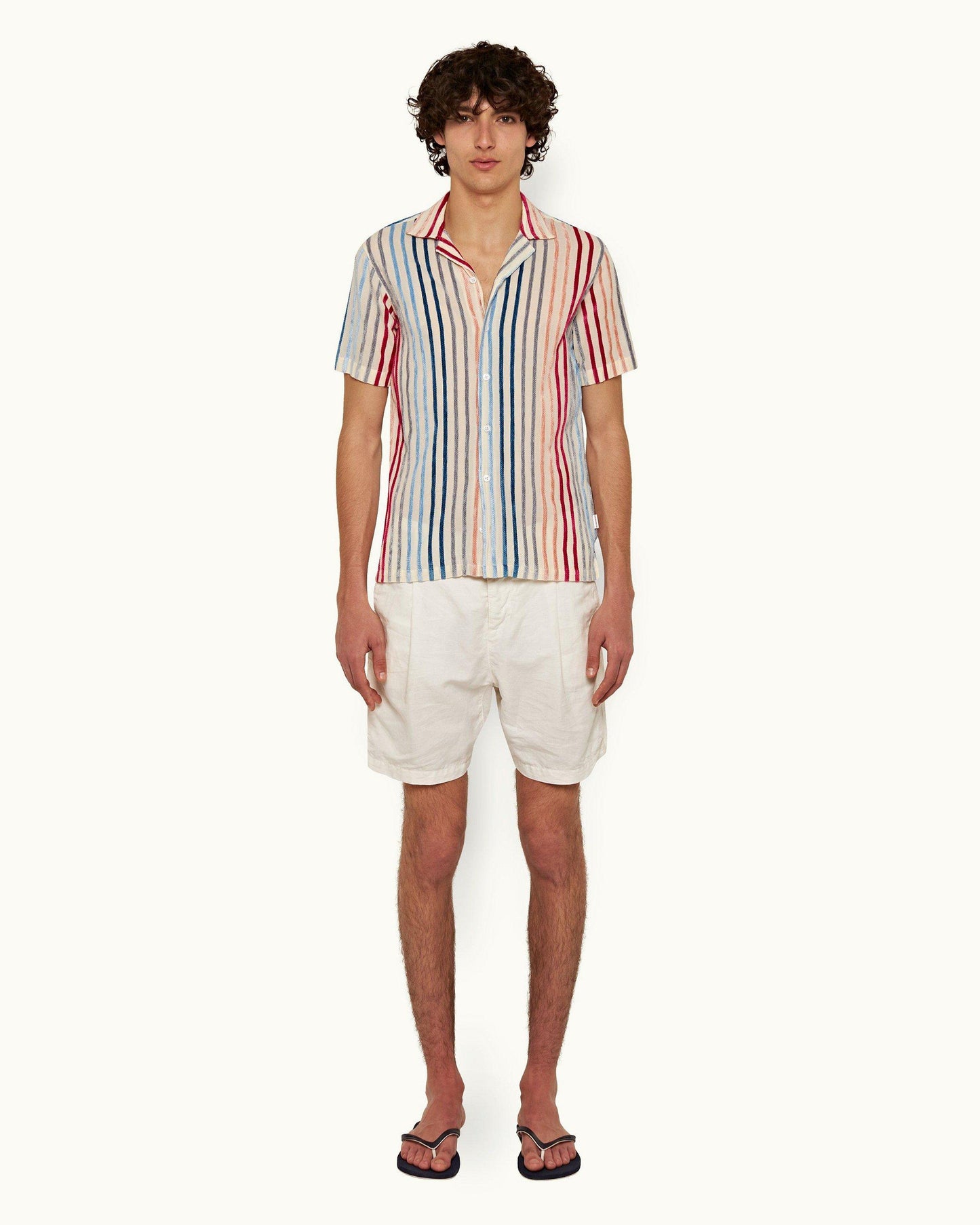 Hibbert Stripe - Mens Multi Chenille Stripe Capri Collar Short-Sleeve Shirt Front Model View