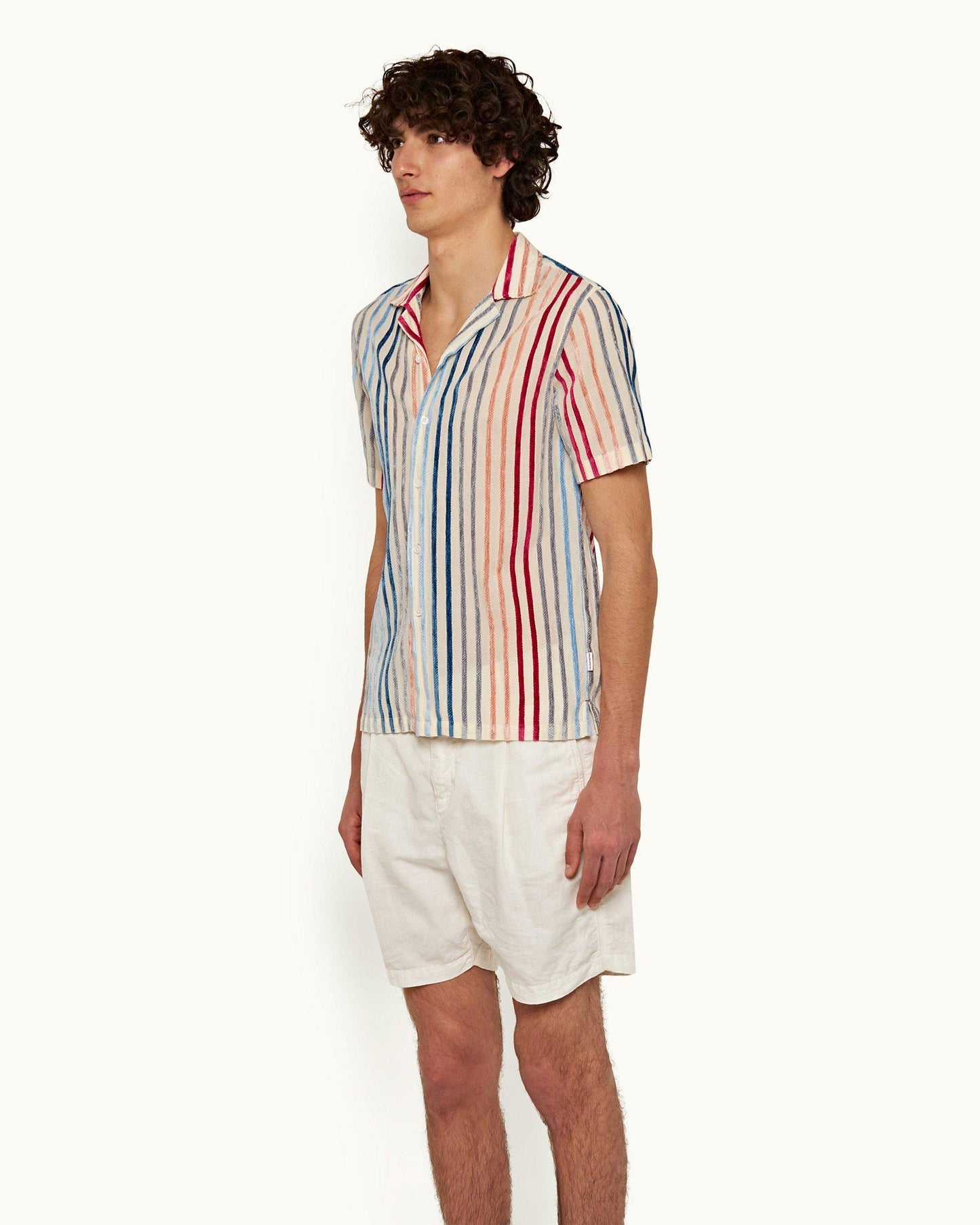 Hibbert Stripe - Mens Multi Chenille Stripe Capri Collar Short-Sleeve Shirt Left Angle Model View