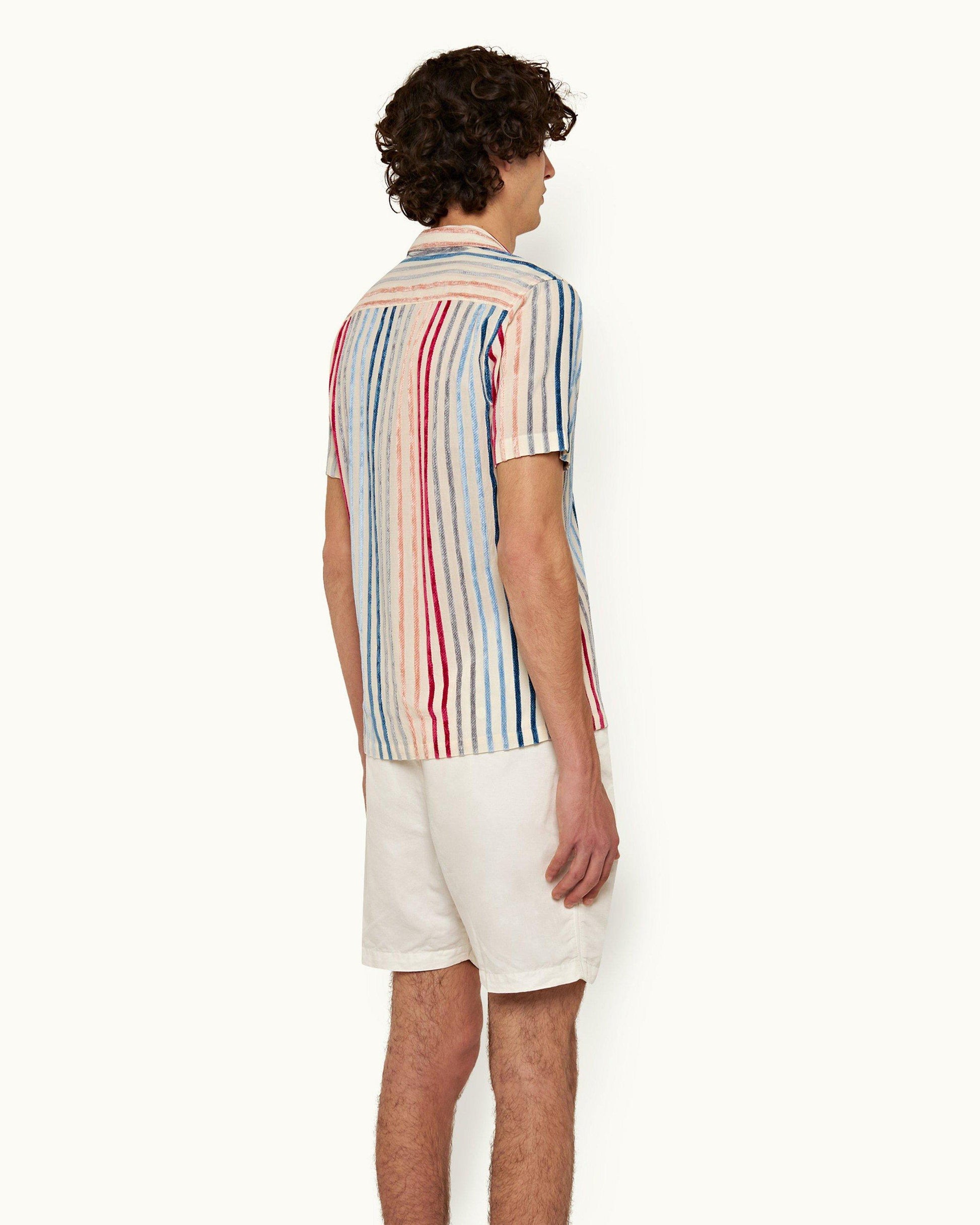 Hibbert Stripe - Mens Multi Chenille Stripe Capri Collar Short-Sleeve Shirt Right Angle Model View