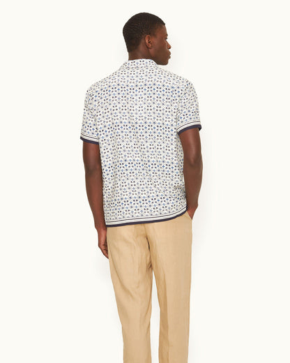 Hibbert - Mens Fiore Print Classic Fit Capri Collar Shirt In Cashew Colour Back Model View