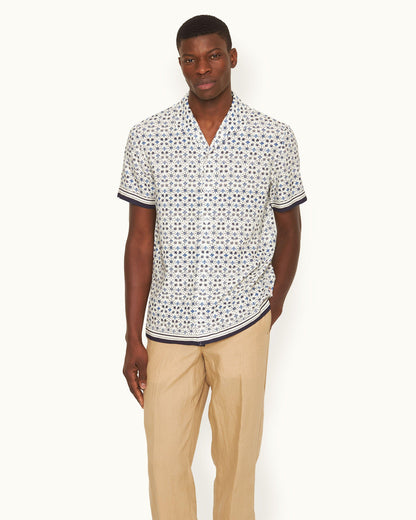 Hibbert - Mens Fiore Print Classic Fit Capri Collar Shirt In Cashew Colour Front Model View