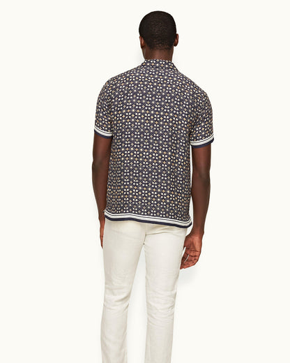 Hibbert - Mens Fiore Print Classic Fit Capri Collar Shirt In Night Iris Blue Back Model View