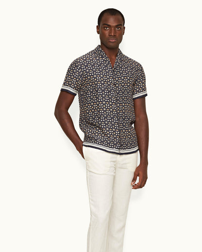 Hibbert - Mens Fiore Print Classic Fit Capri Collar Shirt In Night Iris Blue Front Model View