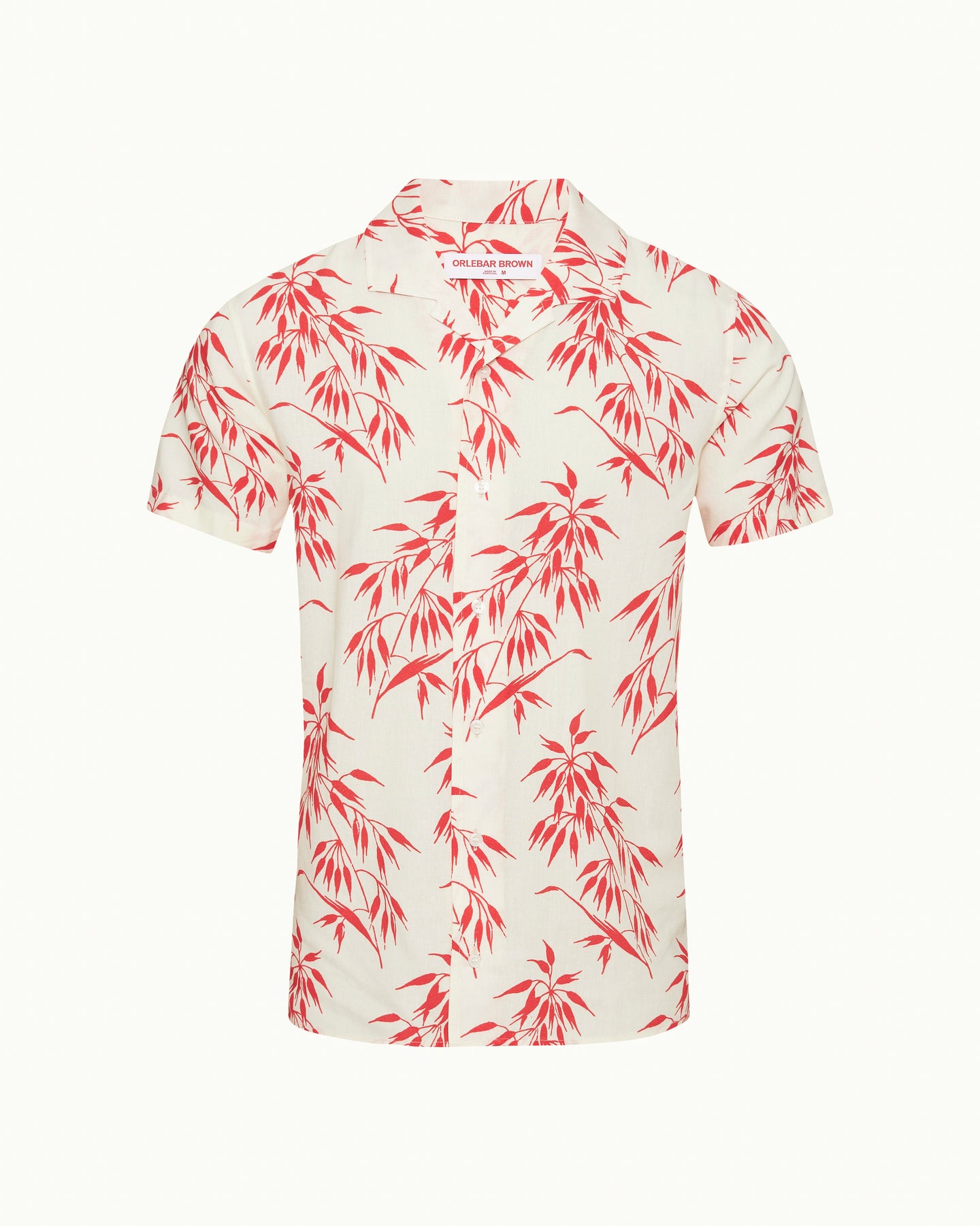 Hibbert Linen - Classic Fit Capri Collar Bamboo Print Linen Shirt in White Sand/Summer Red Front