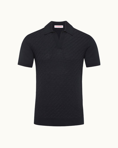 Dark navy polo shirt on a white background