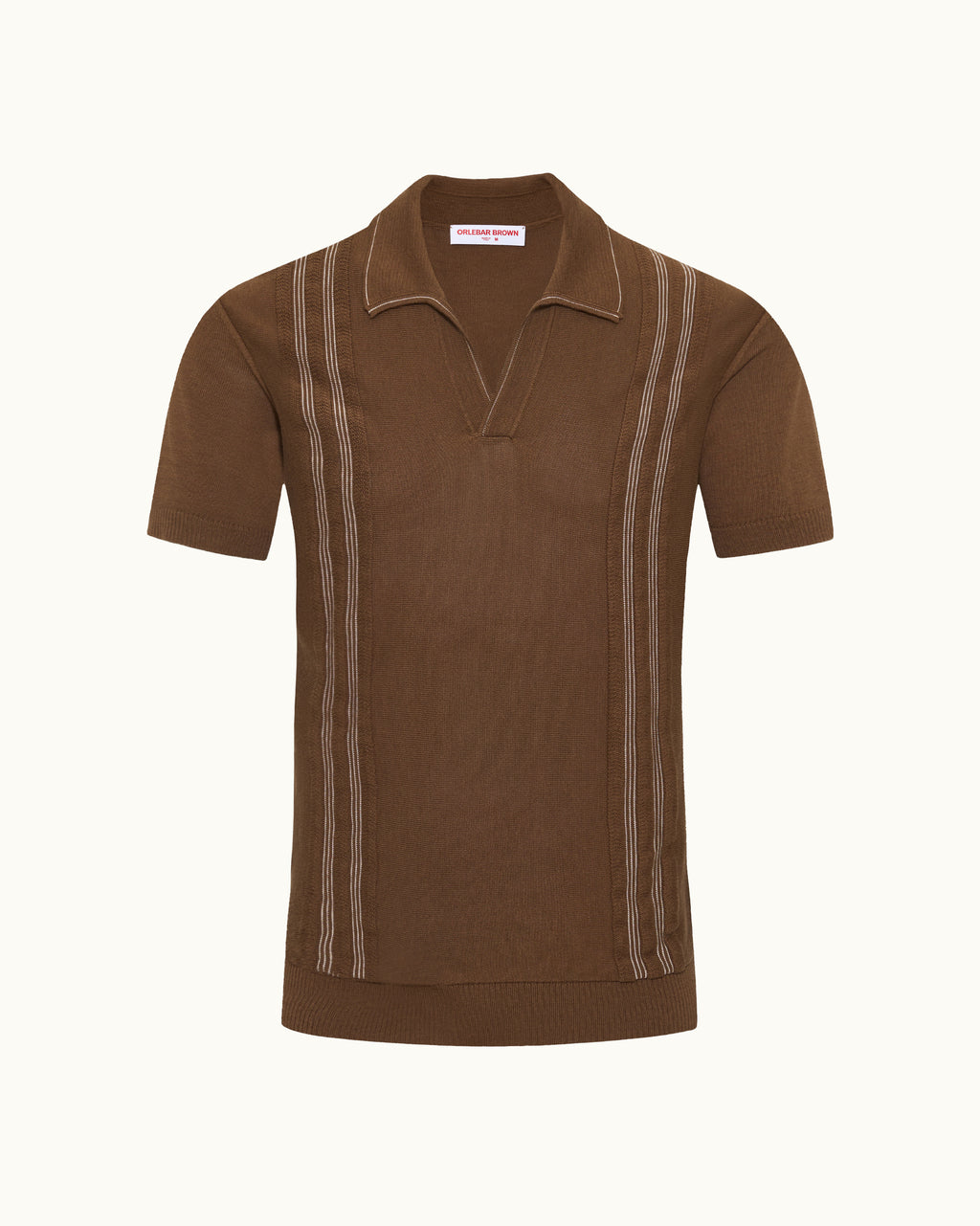 A brown short-sleeve knit polo shirt with vertical striped detailing on the chest and sides, displayed against a solid off-white background.