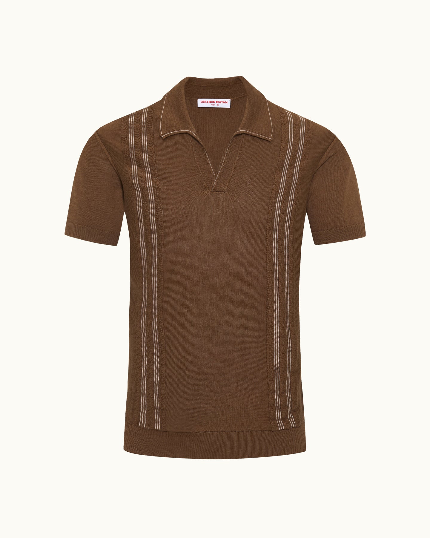 A brown short-sleeve knit polo shirt with vertical striped detailing on the chest and sides, displayed against a solid off-white background.