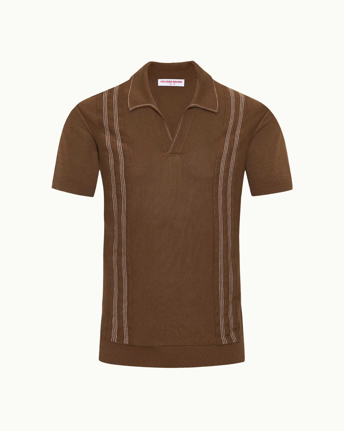 A brown short-sleeve knit polo shirt with vertical striped detailing on the chest and sides, displayed against a solid off-white background.