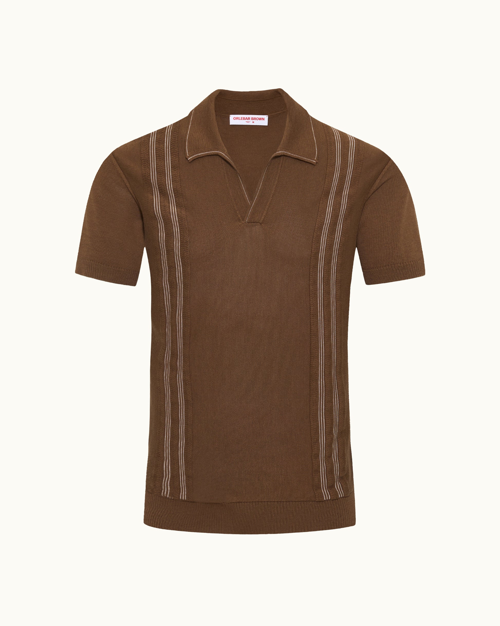 A brown short-sleeve knit polo shirt with vertical striped detailing on the chest and sides, displayed against a solid off-white background.