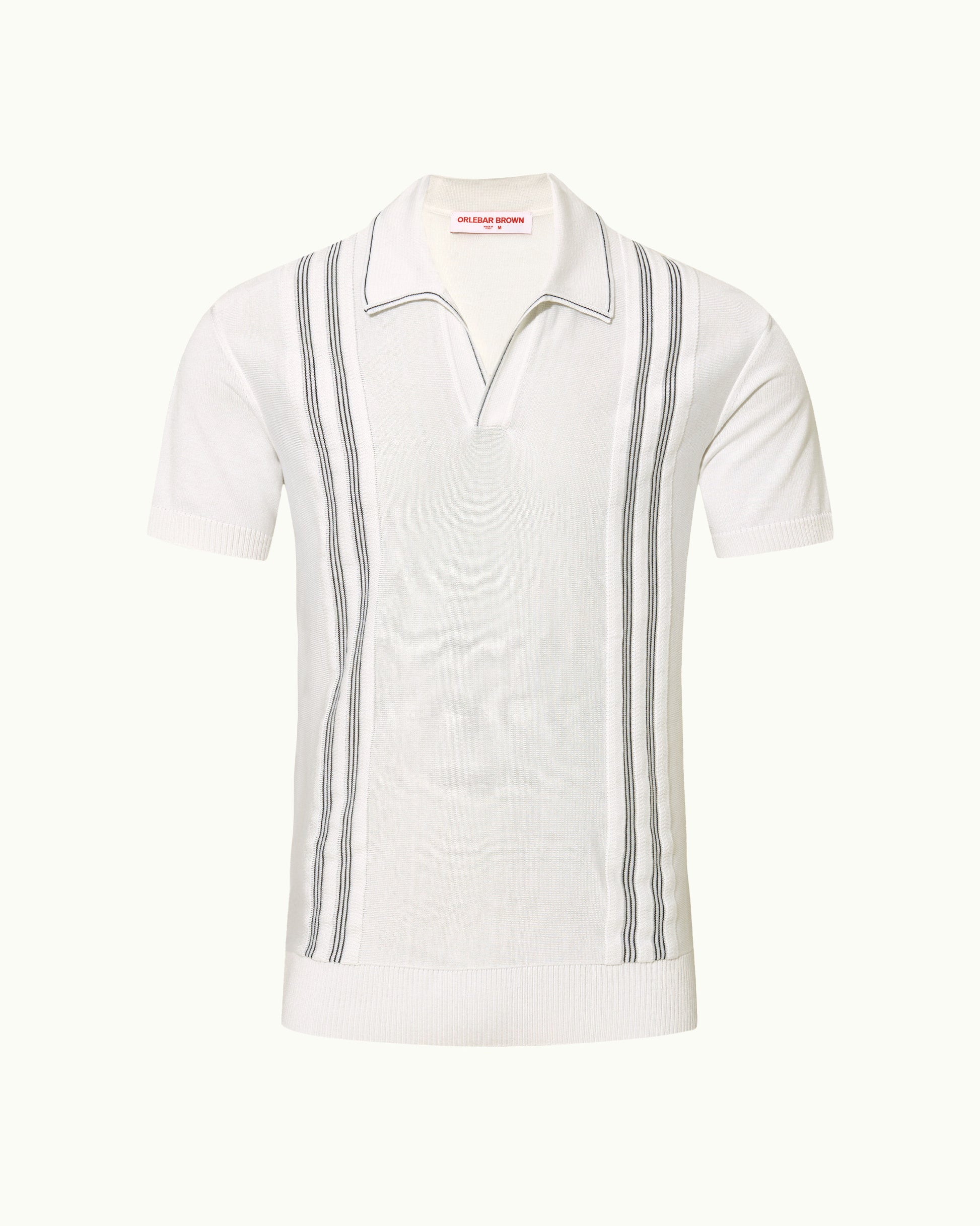 White polo shirt with gray stripes on a white background