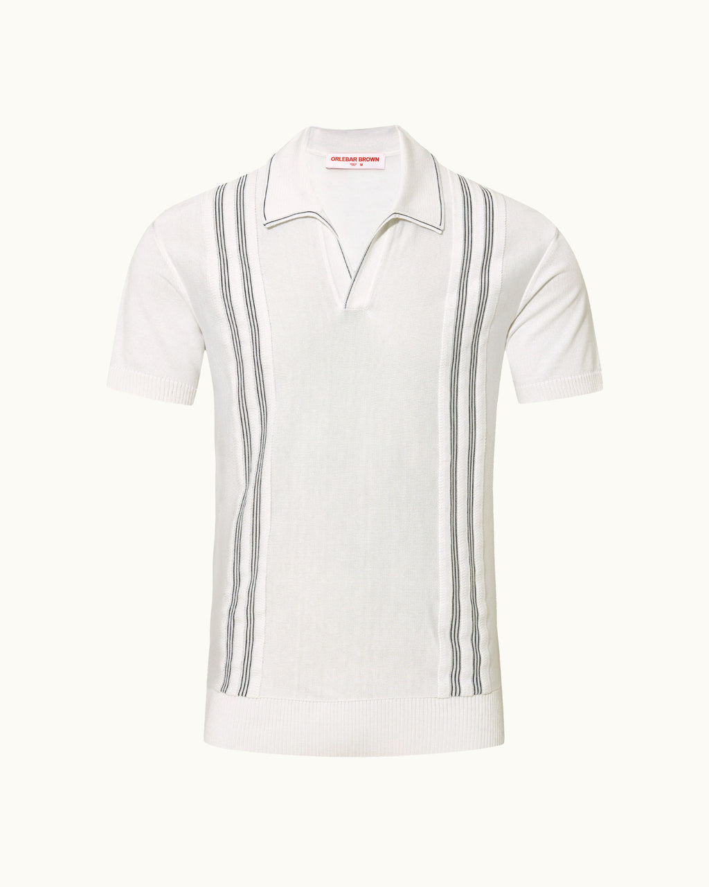 A white short-sleeve polo shirt with vertical gray stripes on the sides, displayed on a clean off-white background.