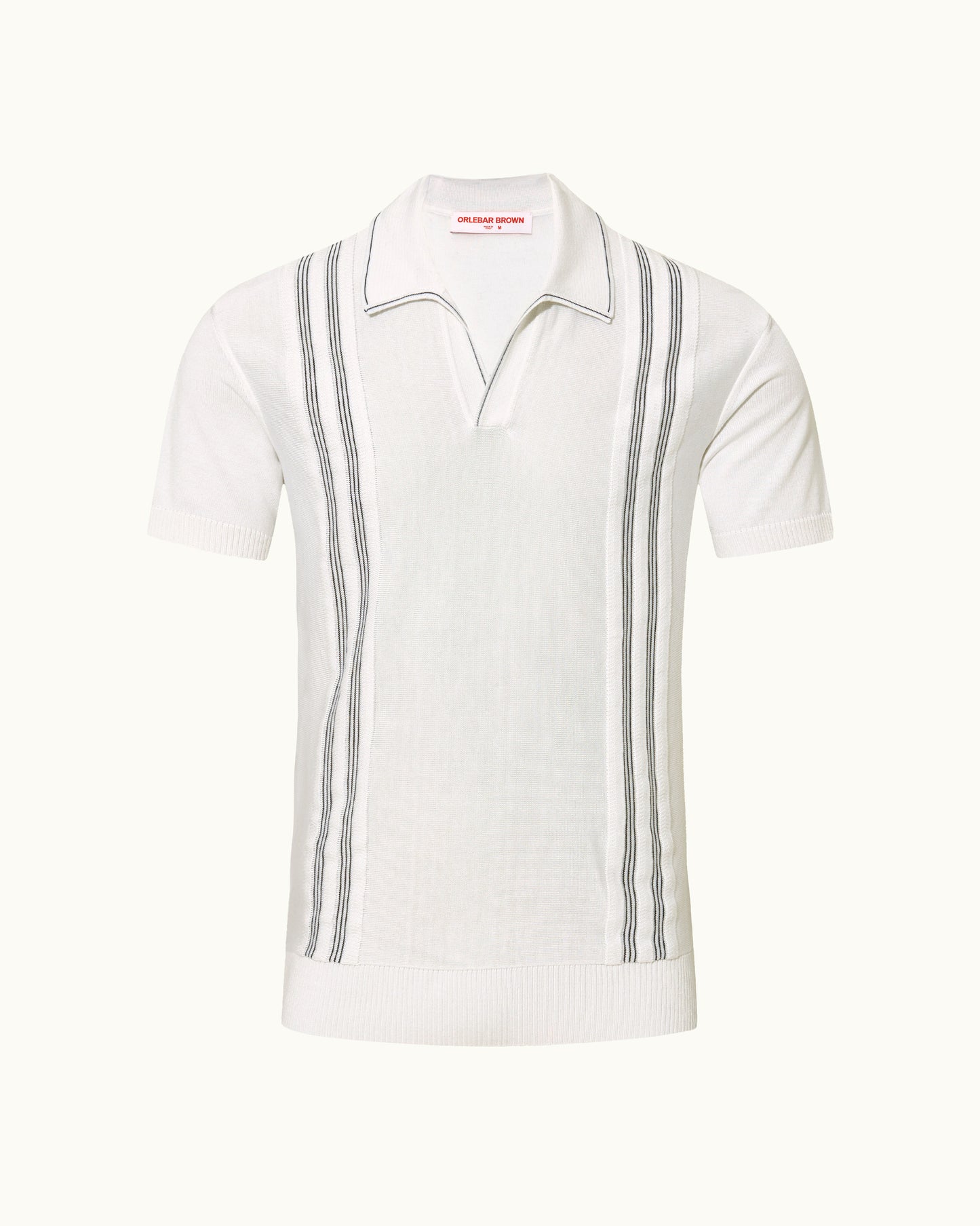 A white short-sleeve polo shirt with vertical gray stripes on the sides, displayed on a clean off-white background.