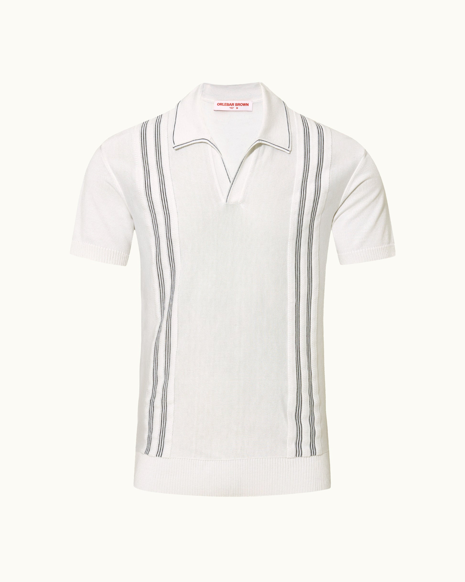 A white short-sleeve polo shirt with vertical gray stripes on the sides, displayed on a clean off-white background.