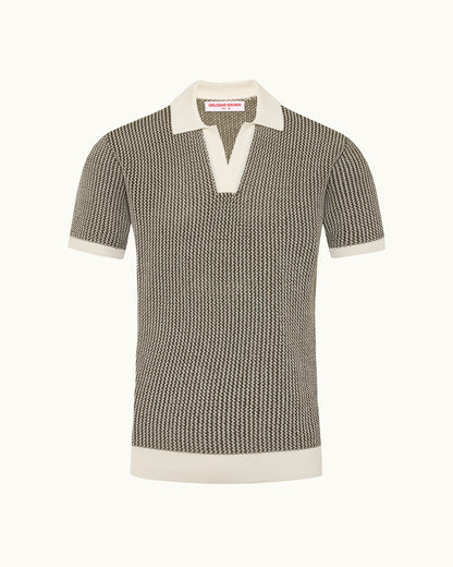 Textured polo shirt with white collar and trim on a white background