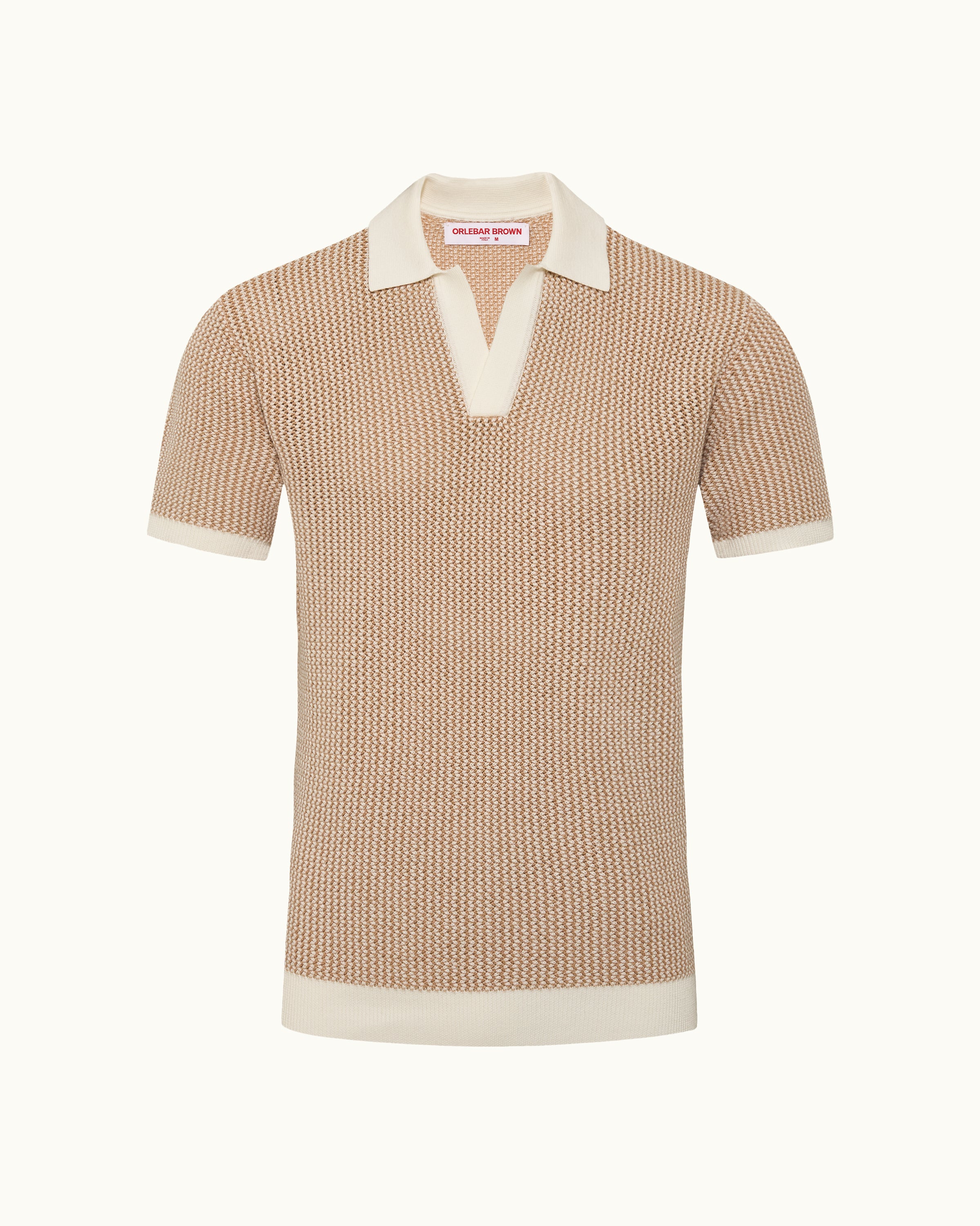 Mens Beige Chevron Crochet Knitted Polo Shirt | Orlebar Brown