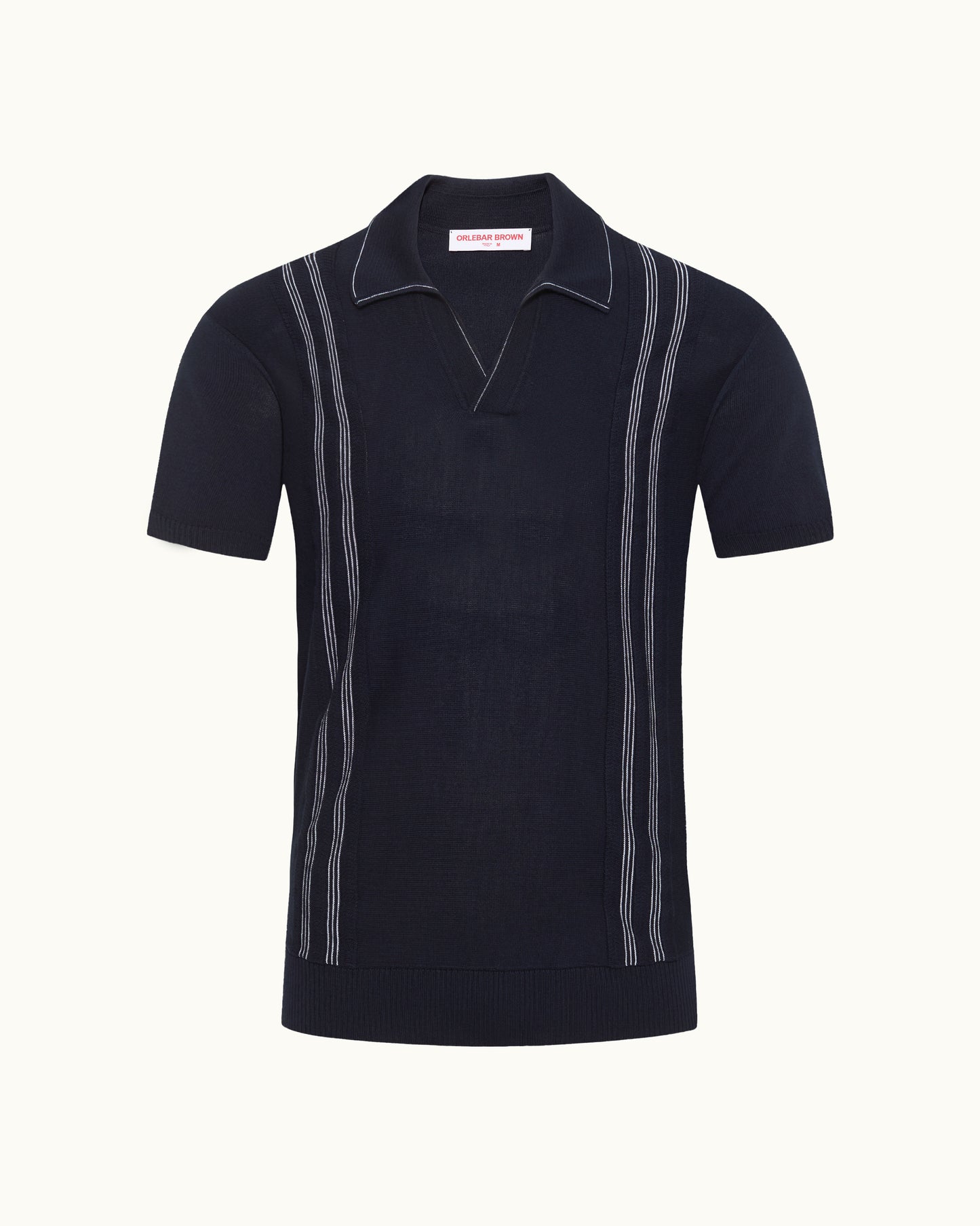 Black polo shirt with white stripes on a white background