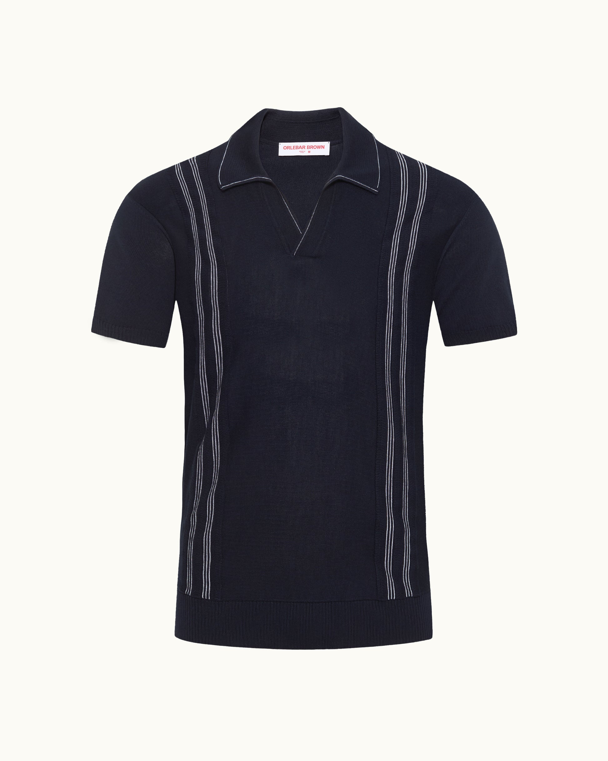 Black polo shirt with white stripes on a white background