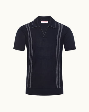 Black polo shirt with white stripes on a white background