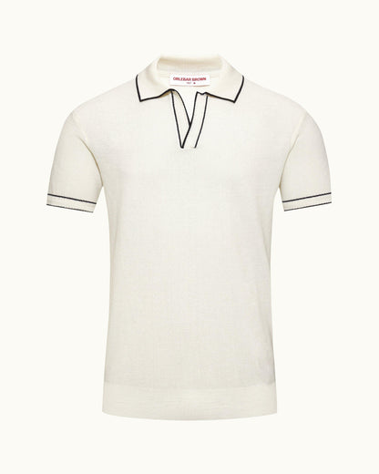 Horton - Mens Tailored Fit Chevron Tipping Merino Polo Shirt In White Sand/Night Iris Blue Front View