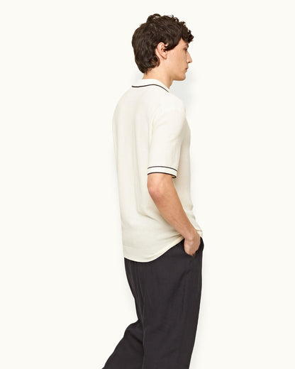 Horton - Mens Tailored Fit Chevron Tipping Merino Polo Shirt In White Sand/Night Iris Blue Back Model View