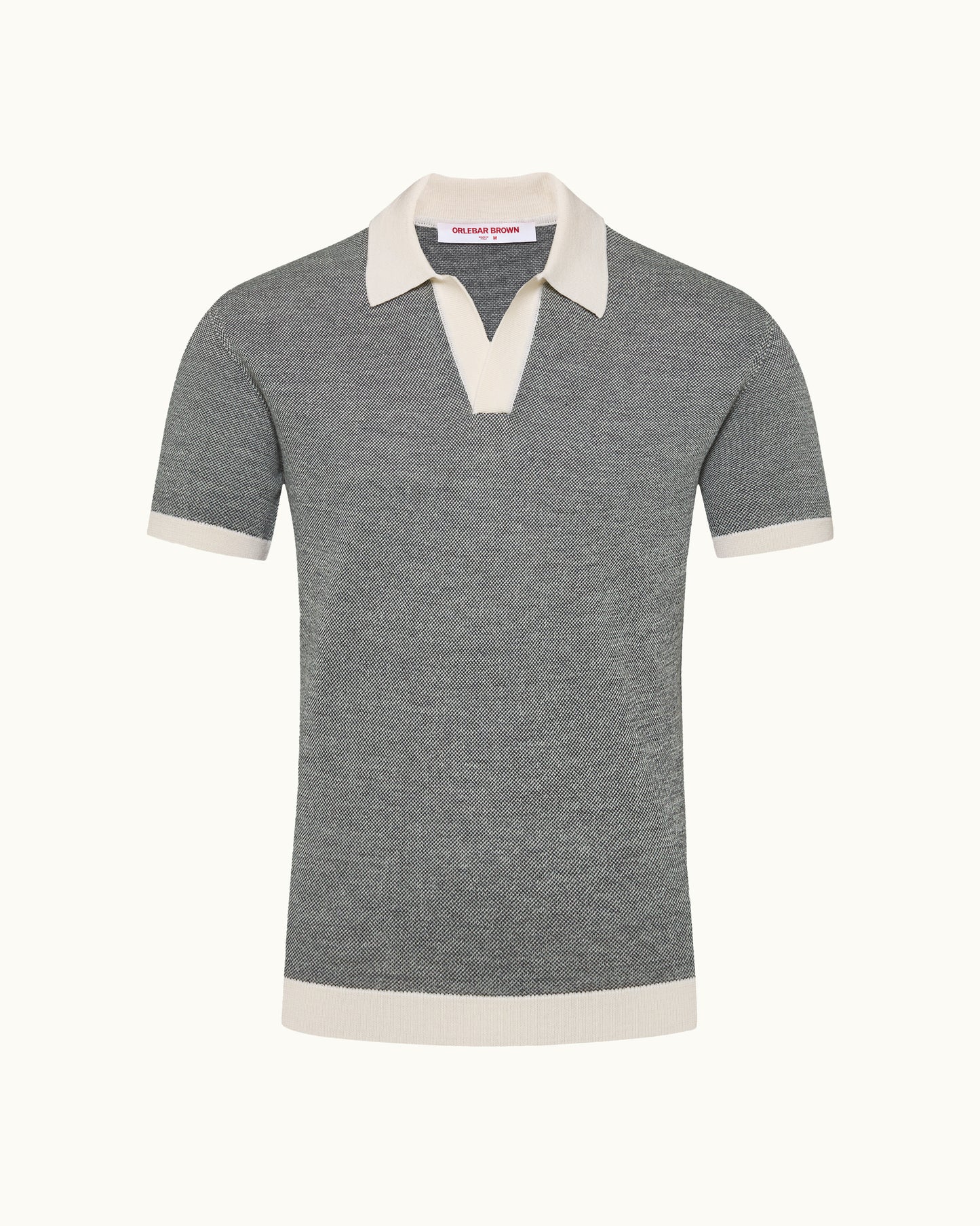 Grey polo shirt with white collar and trim on a white background