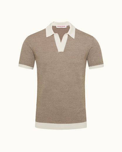 Brown polo shirt with white collar and trim on a white background