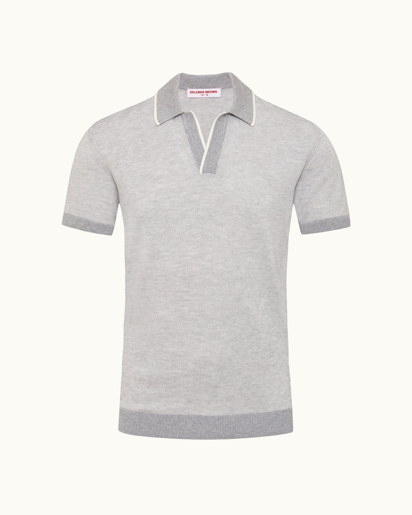 Gray polo shirt with striped collar on a white background
