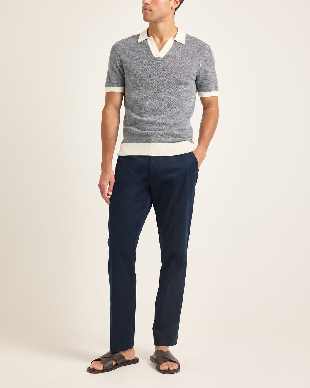 Horton Merino - Tailored Fit Merino Knit Polo Shirt in Tonic Blue/White Sand Model Front View