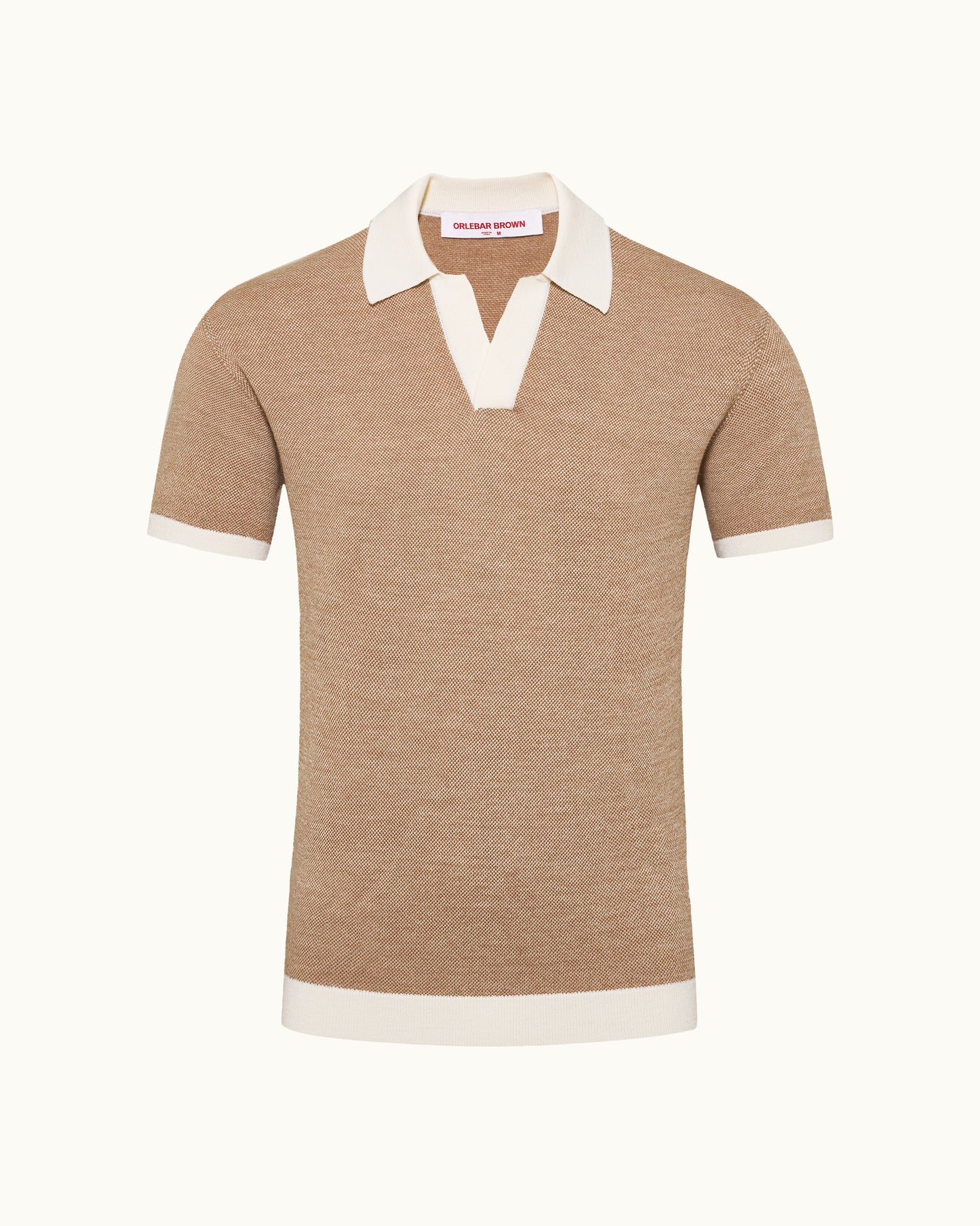 Brown polo shirt with white collar and trim on a white background