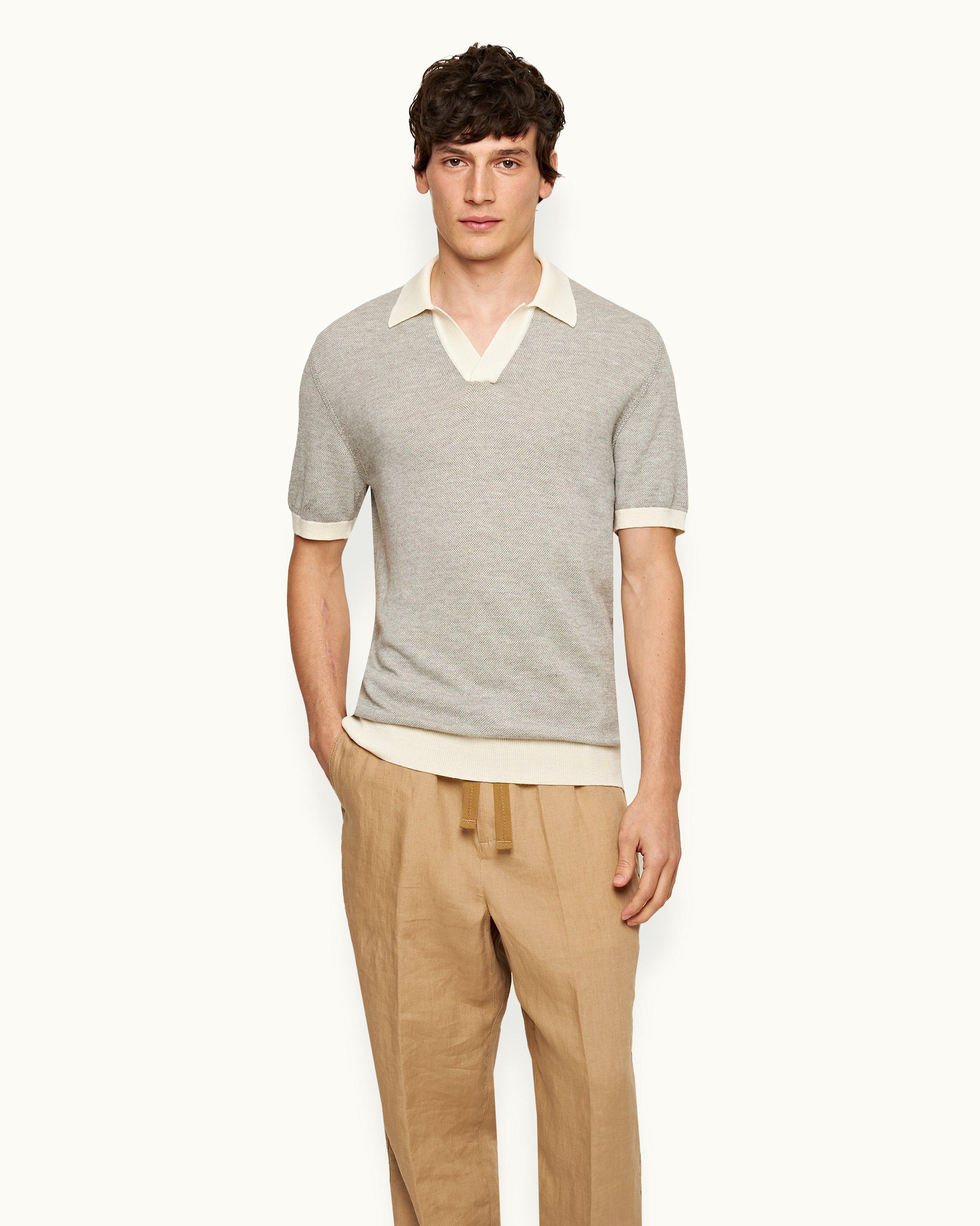 Orlebar Brown White Sand Grey Marl Tailored Fit Contrast Texture Merino Polo Shirt ORLEBAR BROWN