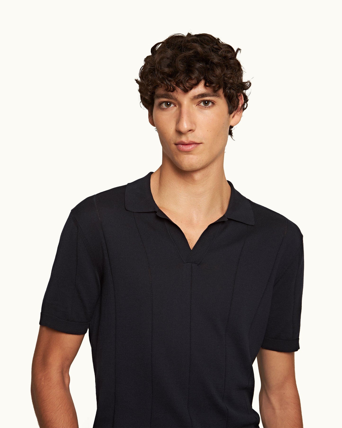 Horton Cotton Silk - Mens Night Iris Tailored Fit Silk-Cotton Polo Shirt Detail View
