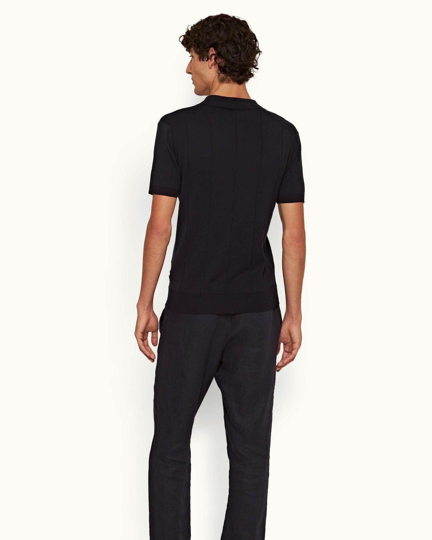 Horton Cotton Silk - Mens Night Iris Tailored Fit Silk-Cotton Polo Shirt Back Model View