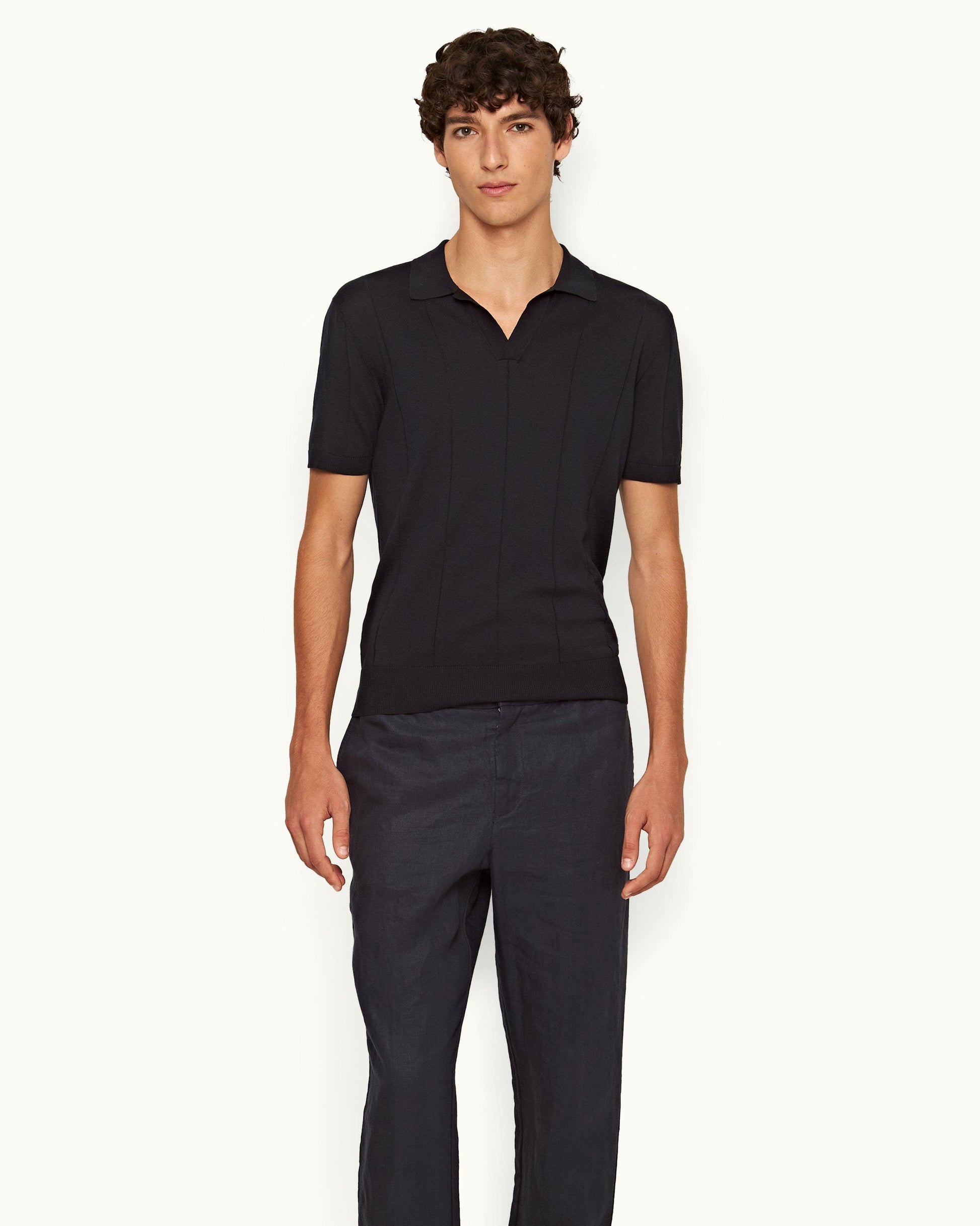 Horton Cotton Silk - Mens Night Iris Tailored Fit Silk-Cotton Polo Shirt Front Model View