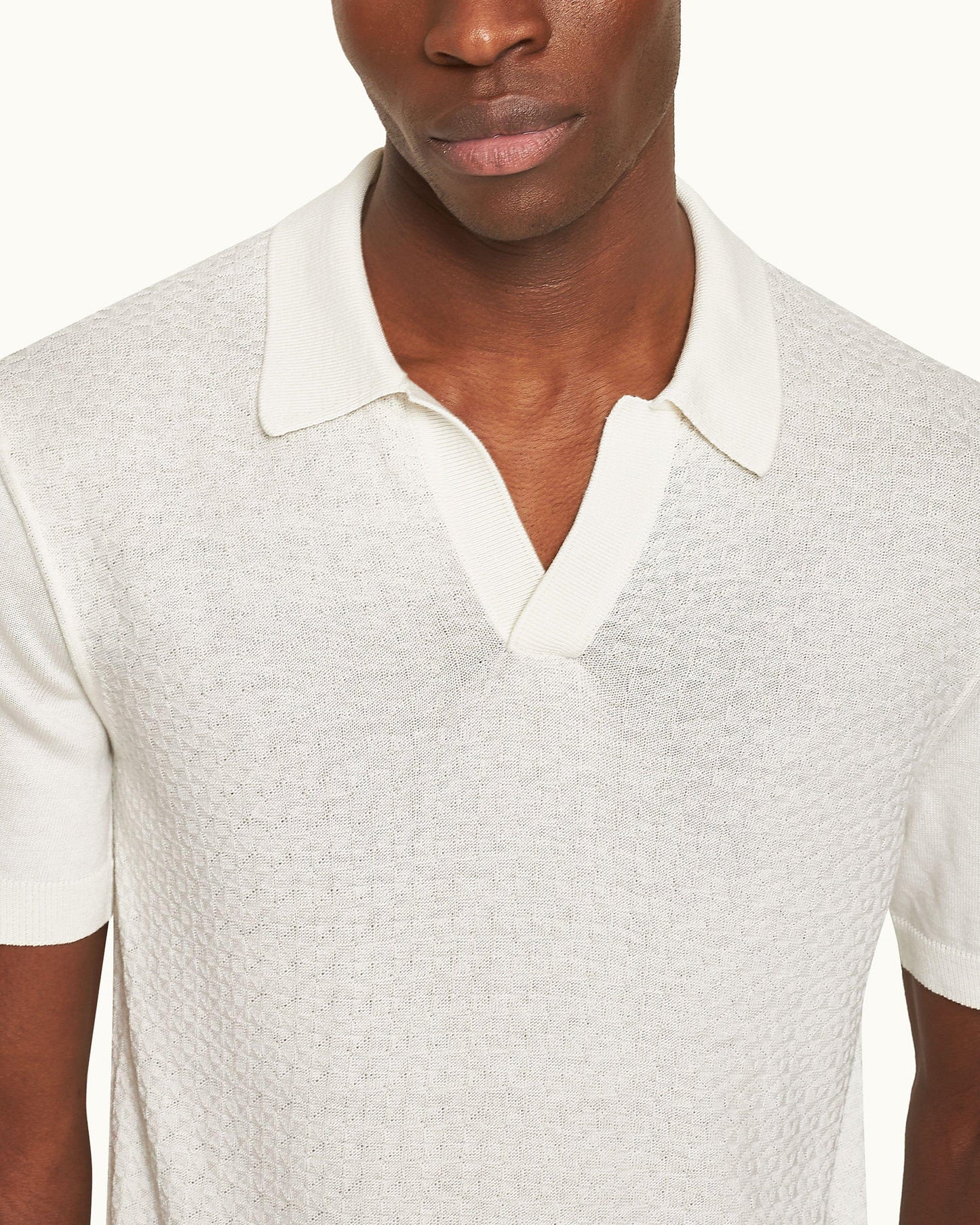 Horton Pique - White Sand Tailored Fit Silk-Cotton Polo Shirt Detail